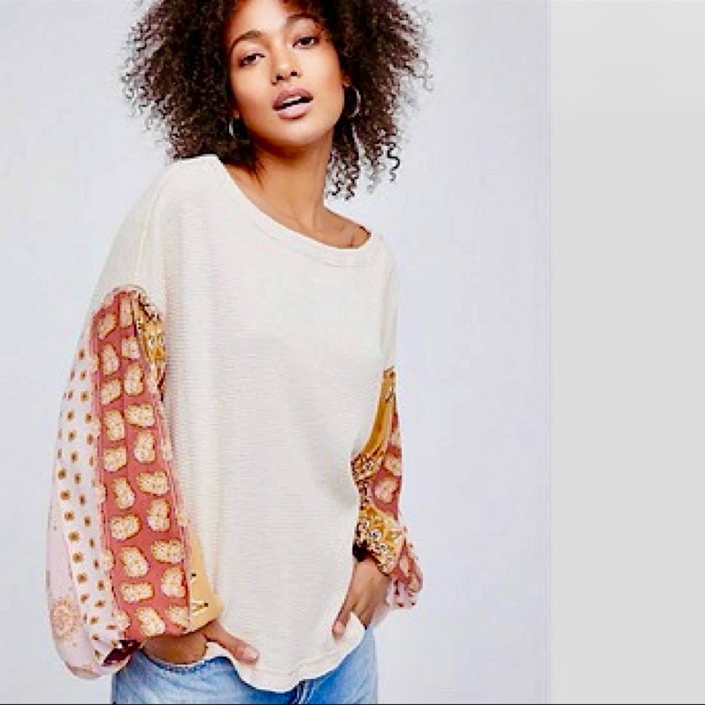 Free People Blossom Patchwork Sleeve Thermal Top